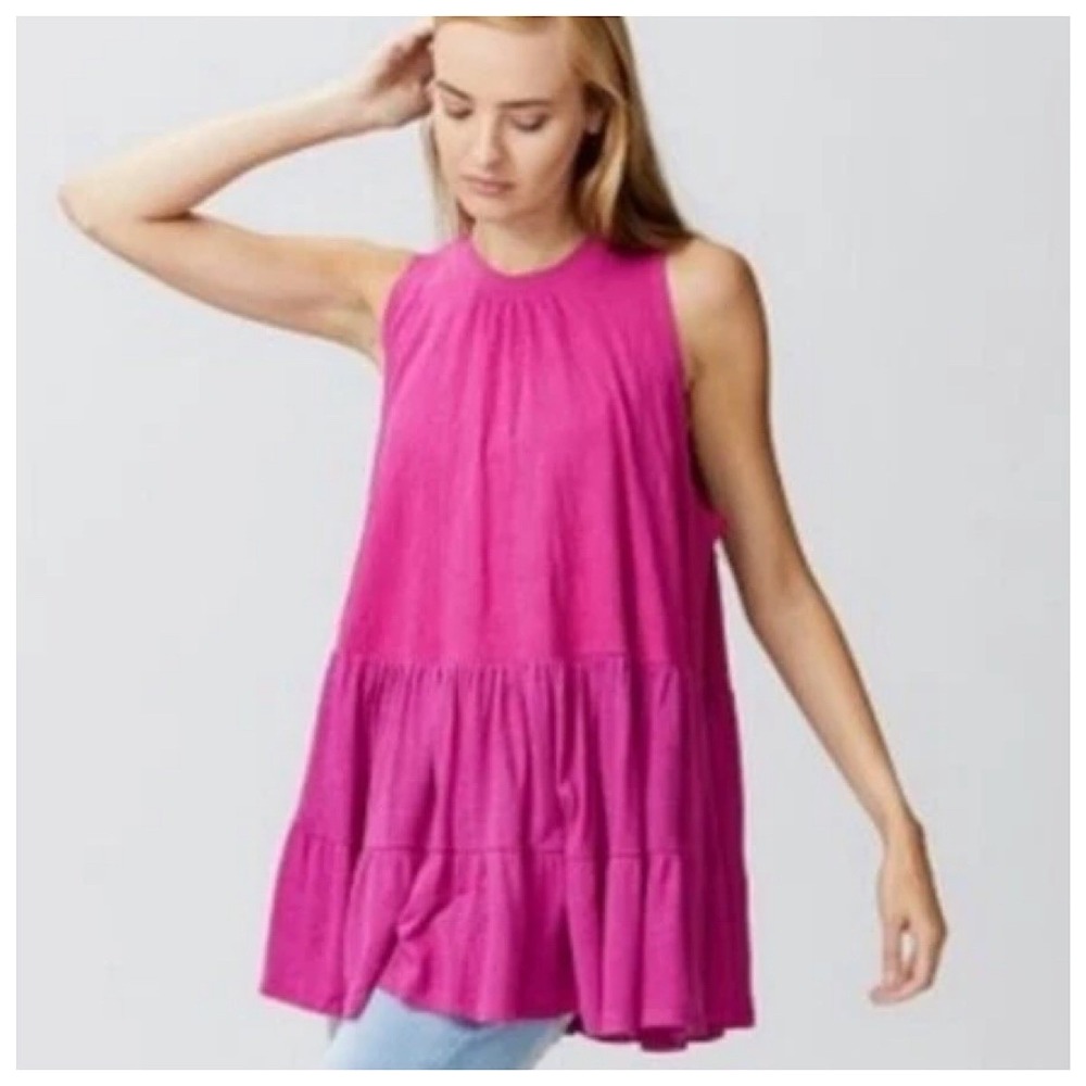 Free People Right‎ on Time Babydoll Tunic Top Womens Sz L Pink Sleeveless